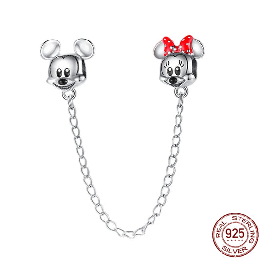 Charm Cadena Seguridad Mickey & Minnie Inspirado en Disney | Plata 925 | Compatible con Pandora