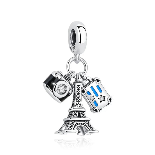 Charm Colgante Camara Eiffel Maleta Viajes | Plata 925 | Compatible con Pandora