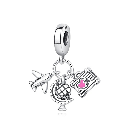 Charm Colgante Avion Bolsa Mundo Maleta | Plata 925 | Compatible con Pandora