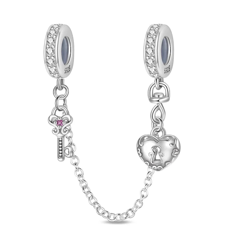 Charm Cadena Seguridad Llave Candado Corazon | Plata 925 | Compatible con Pandora